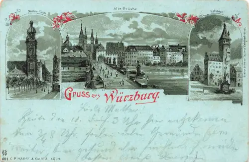 AK Würzburg Neubau Kirche Alte Brücke Rathaus Bayern 1900 gelaufen Postkarte