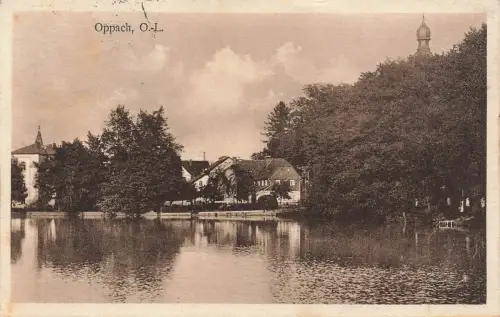 AK Oppach Kirchenturm Teich Sachsen Oberlausitz 1927 gelaufen Postkarte