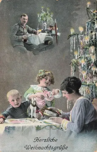 AK 1.WK Weihnachtskarte Soldat an Front Familie Weihnachtsbaum 1915 Patriotika