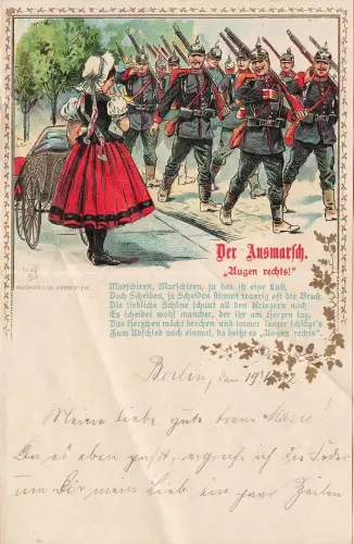 AK 1.WK Brief Der Ausmarsch- Augen rechts! 1902 Patriotika