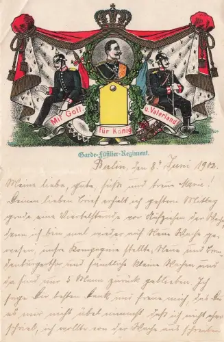 AK 1.WK Brief Garde Füsilier Regiment Berlin 1903 Patriotika