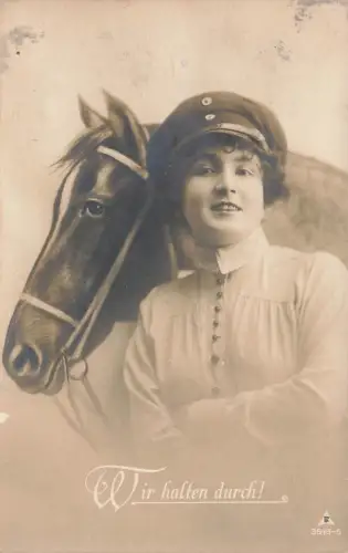 AK 1.WK Wir halten durch! Dame mit Pferd Patriotika 1916 Postkarte