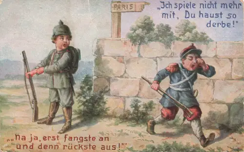 AK 1.WK Militärhumor Kinder in Uniform Erst fangste an Patriotika 1915 Postkarte