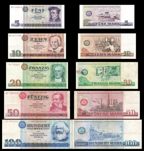 DDR Banknoten Satz 5 ,10, 20, 50 + 100 Mark 1971 bis 1975