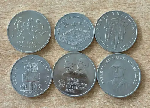 6 x DDR Münzen 5 und 10 Mark 1976 - 1990 Zeughaus, Kampfgruppe, Sport...