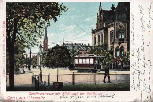 AK Chemnitz Carolinenstraße Straßenbahn Petrikirche Sachsen 1903 Postkarte