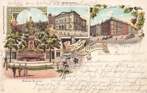 AK Chemnitz Stadt Theater Saxonia Brunnen Börse Sachsen 1898 Postkarte