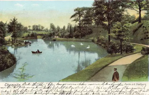 AK Chemnitz Stadtpark Ruderboot Schwäne Sachsen 1904 gelaufen Postkarte