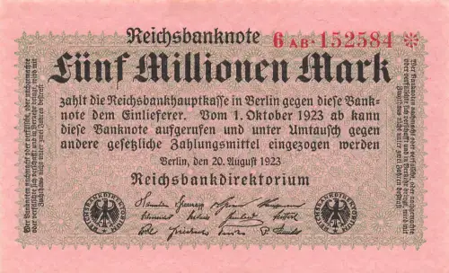 Reichsbanknote 5 Millionen Mark 20.8.1923 DEU-117b Kassenfrisch/UNC