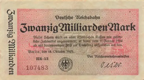 20 Milliarden Mark 18.10.1923 Deutsche Reichsbahn RVM-12l