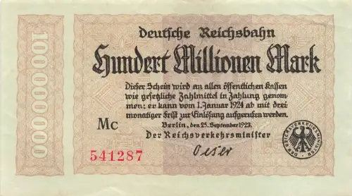 100 Millionen Mark 25.9.1923 Deutsche Reichsbahn RVM-7 Kassenfrisch /UNC