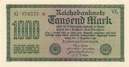 Reichsbanknote 1000 Mark 1922 DEU-84c, Kassenfrisch / UNC