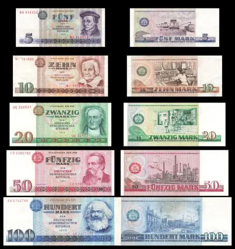 DDR Banknoten Satz 5 ,10, 20, 50 + 100 Mark 1971 bis 1975