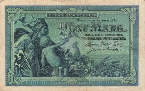 Reichskassenschein 5 Mark Banknote 31.10.1904 DEU-52a