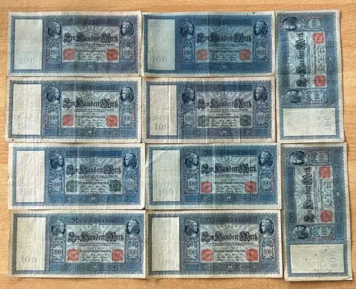 Lot / Konvolut 10 x 100 Mark 1910 Deutsches Reich Reichsbanknoten