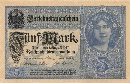 5 Mark Darlehnskassenschein 1917 Banknote DEU-61d Kassenfrisch UNC