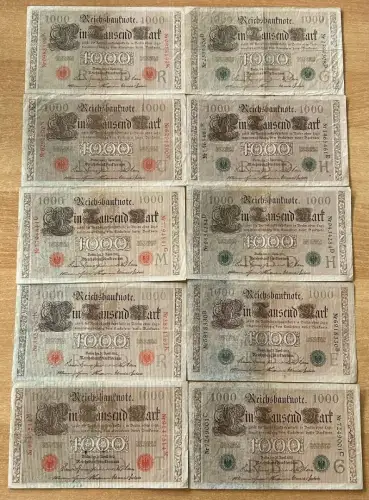 Lot 10 x 1000 Mark 1910 Deutsches Reich Reichsbanknoten DEU - 40 / 69 rot / grün