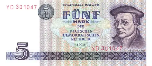 DDR Banknote 5 Mark 1975 Thomas Müntzer Ro: 361b Ersatznote, KASSENFRISCH / UNC