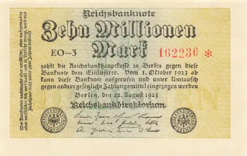 Reichsbanknote 10 Millionen Mark 22.8.1923, DEU-118g Kassenfrisch/UNC