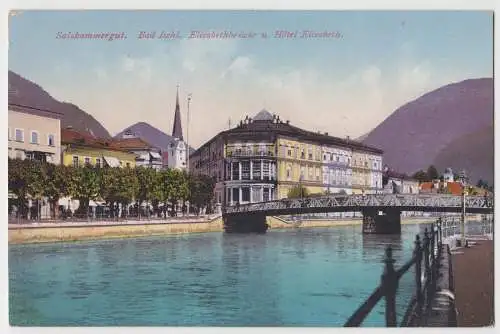 [Ansichtskarte] Salzkammergut. Bad Ischl. Elisabethbrücke und Hôtel Elisabeth.

F.E. Brandt in Gmunden. Photochromiekarte No. 321 1906. 