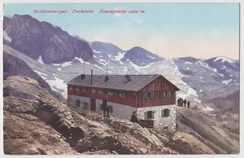 [Ansichtskarte] Salzkammergut. Dachstein. Simonyhütte 2202 m.

F.E. Brandt in Gmunden. Photochromiekarte No. 626 1914. 