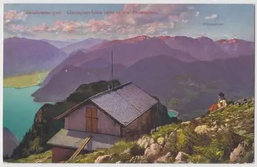[Ansichtskarte] Salzkammergut. Gmundnerhutte 1660 m am Traunstein.

F.E. Brandt in Gmunden. Photochromiekarte No. 1302 1913. 