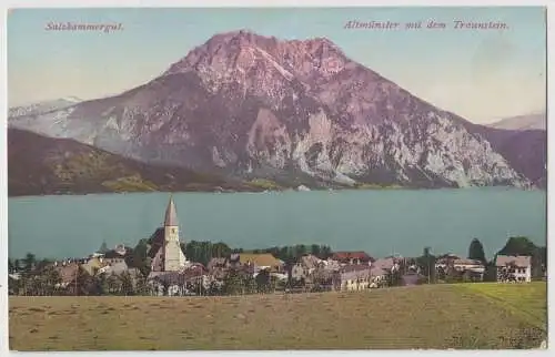 [Ansichtskarte] Salzkammergut. Altmünster mit dem Traunstein.

F.E. Brandt in Gmunden. Photochromiekarte No. 182 1909. 