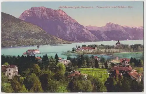 [Ansichtskarte] Salskammergut. Gmunden. Traunstein und Schloss Ort.

F.E. Brandt in Gmunden. Photochromiekarte No. 142 1908. 