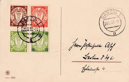 DANZIG 1937 BILDPOSTKARTE MIT Mi 236, 241, 216+193 nach Berlin gelaufen