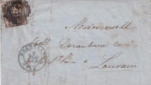 BELGIEN 1855 10 C/ Mi 3 B auf BRIEF BRÜSSEL-LOUVAIN
