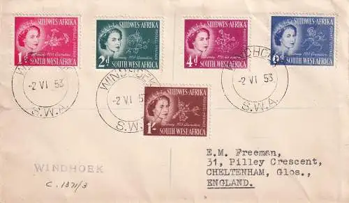 SÜDWESTAFRIKA 1953 ERSTTAGSBRIEF KRÖNUNG QEII von WINDHUK nach CHELTENHAM