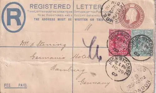 Großbritannien 1902 KEVII  2 1/2d/ GSU ZuFr Mi 103-105 EINSCHREIBEN HIGH WYCOMBE-HAMBURG