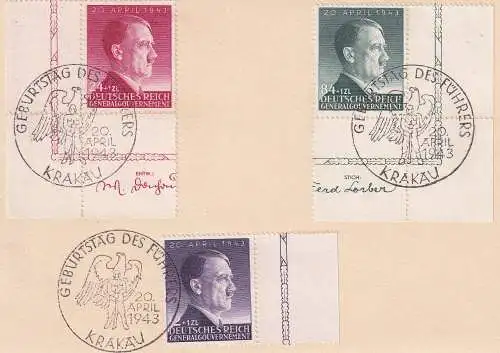 GENERALGOUVERNEMENT 1943 GEBURTSTAG Mi 101-103 BOGENRAND BOGENECKE ERSTTAGS SST auf POSTKARTE 