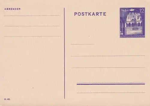 GENERALGOUVERNEMENT 1942 12 Gr POSTKARTE P12 UNGEBRAUCHT ** 