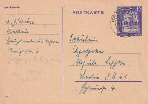 GENERALGOUVERNEMENT 1942 12 Gr POSTKARTE P12 KRAKAU-BERLIN