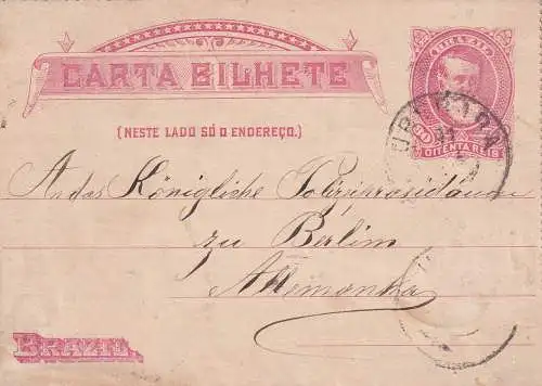 BRASILIEN 1893 PEDRO II 80 R/ KARTENBRIEF UBERABA-BERLIN 