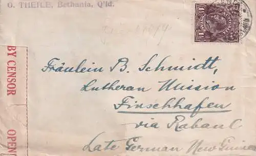 AUSTRALIEN 1919 1 1/2d/ Mi 32 ZENSURBRIEF BETHANIA nach FINSCHHAFEN ex DEUTSCH NEUGUINEA