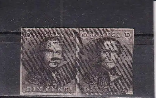 BELGIEN 1849 vollrandiges Paar 10 C Epauletten Mi 1/ je gestempelt Nummernstempel 24/ Brüssel 