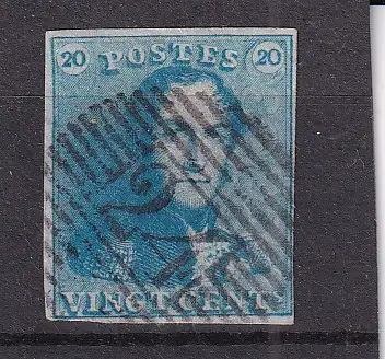 BELGIEN 1849 20 C Epauletten Mi 2b/ gestempelt Nummernstempel 24/ Brüssel KW 170€