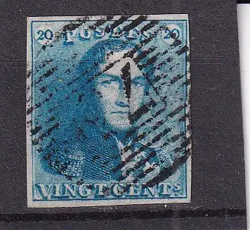 BELGIEN 1849 20 C Epauletten Mi 2/ gestempelt Nummernstempel 73/ LÜTTICH