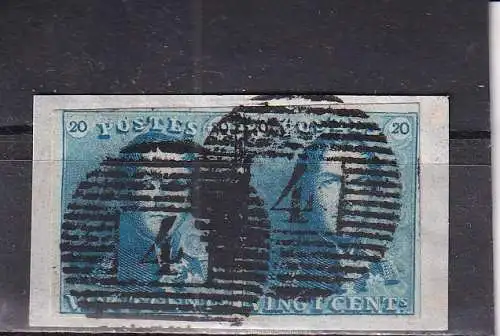 BELGIEN 1849 20 C Epauletten Mi 2 PAAR auf Briefstück, gestempelt Nummernstempel 4/ ANTWERPEN