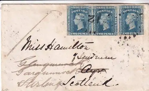 NEUSÜDWALES 1858 QV 2d/ Mi 14/ 3er Streifen Versandumschlag von  COWRA nach AYR/ SCOTLAND