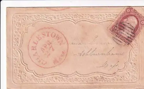 USA 1857 3 C/ Sc 25 DAMENZIERBRIEF von CHARLESTOWN/MASS nach ASHBURNHAM/MASS