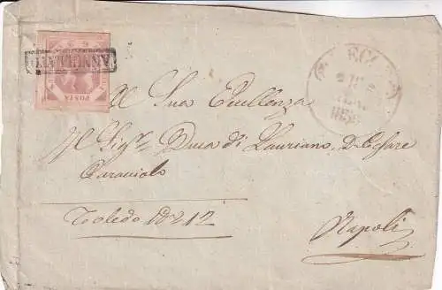 Alt-Italien  NEAPEL 1859 2 G/ Mi 3 BRIEF-VORDERSEITE VON  LECCE nach NEAPEL, ADEL, Januar 1859