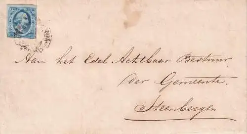 NIEDERLANDE 1852 5 C/ Mi 1 FALTBRIEF-HÜLLE HALFRONDSTEMPEL BERGEN-OP-ZOOM (TYP C) 1857 nach STEENBERGEN