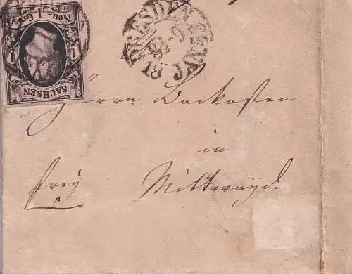 SACHSEN 1853 1 Ngr/ Mi 4 II FALTBRIEF-HÜLLE DRESDEN-MITTWEIDA