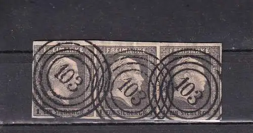 PREUSSEN 1850  1 Sgr./ Mi 2 Dreierstreifen je mit Nummernstempel 103/ Berlin