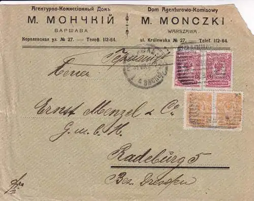 POLEN 1912 4+1 Kop/ Mi RUS 64+67 VERSANDHÜLLE WARSZAWA-RADEBURG/ SACHSEN