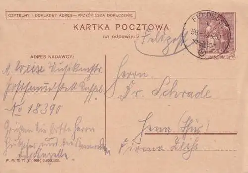 POLEN 1939 PK 15 Gr mit deutschem FELDPOSTSTEMPEL 24/9/29 nach JENA gelaufen