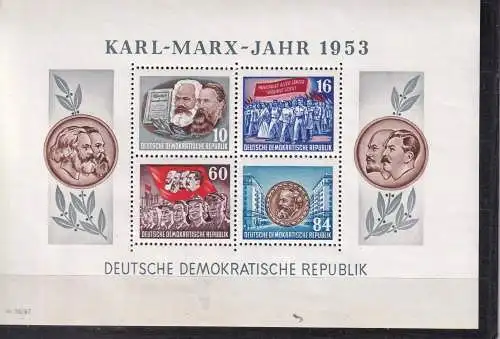 DDR 1953 Marx BLOCK 9 A mit Gummimängeln